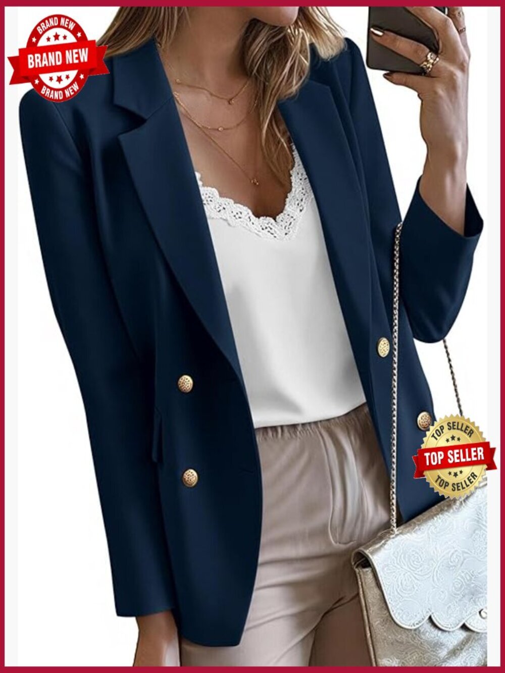 Double Breasted Open Front Blazer with Pockets